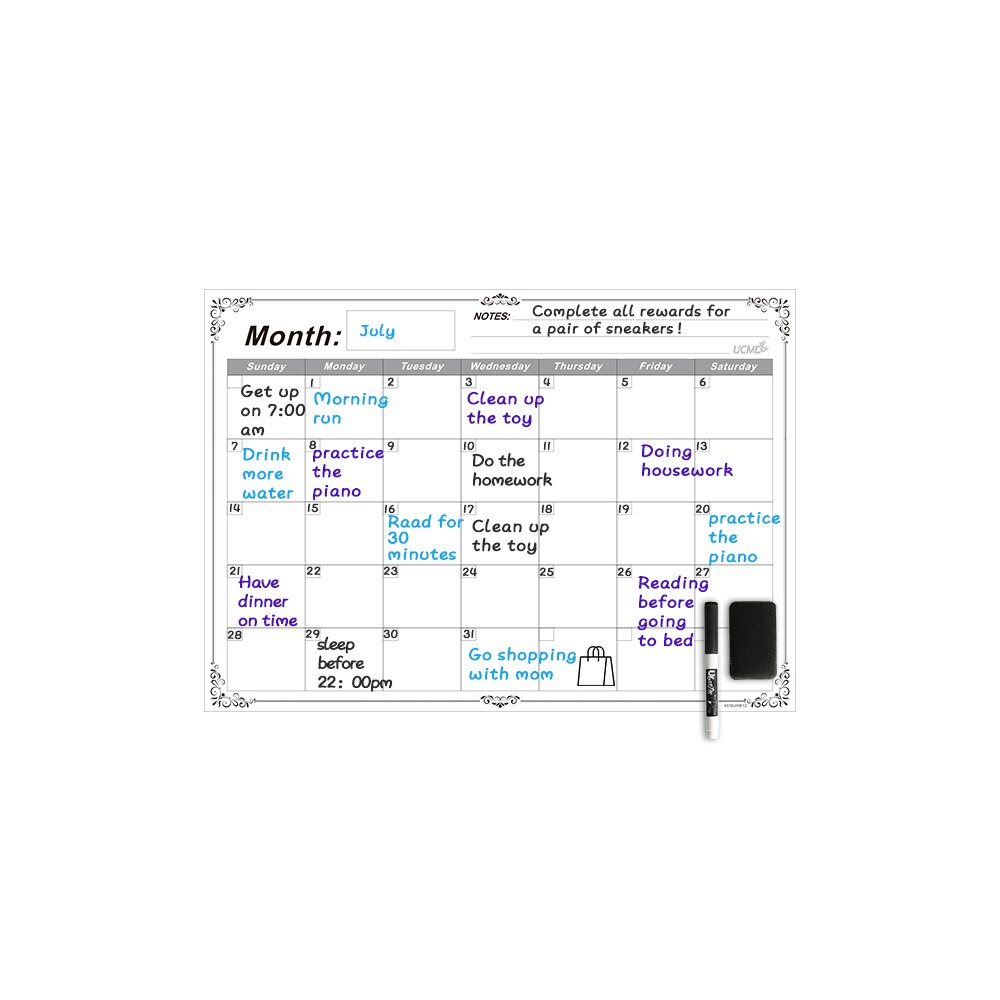 Magnetic Monthly Daily Whiteboard Calendar Erasable Fridge Magnet Sticker Weekly Plan Grocery List To-Do List Notepad Memo Board