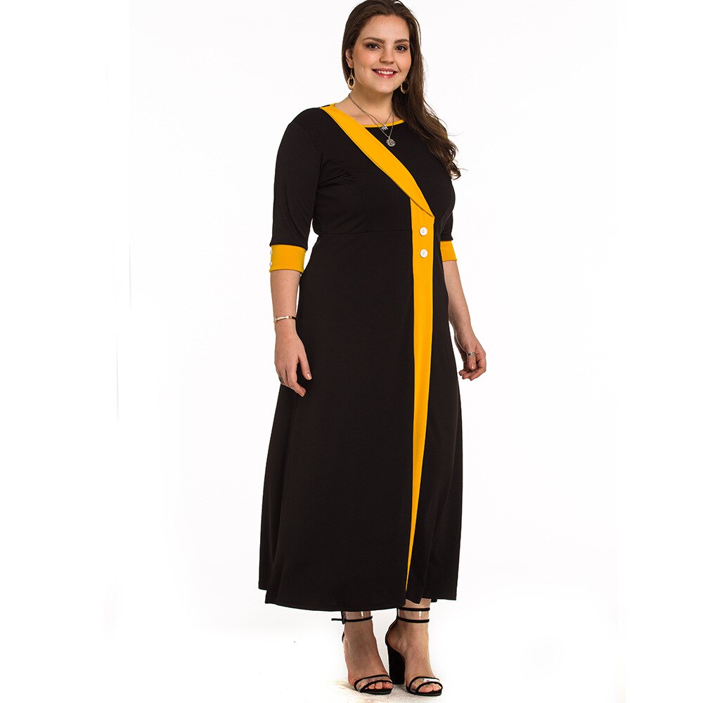 Plus size dame kontorkjole kvinder sommer kontrast multicolor festkjoler sort maxi lang kjole