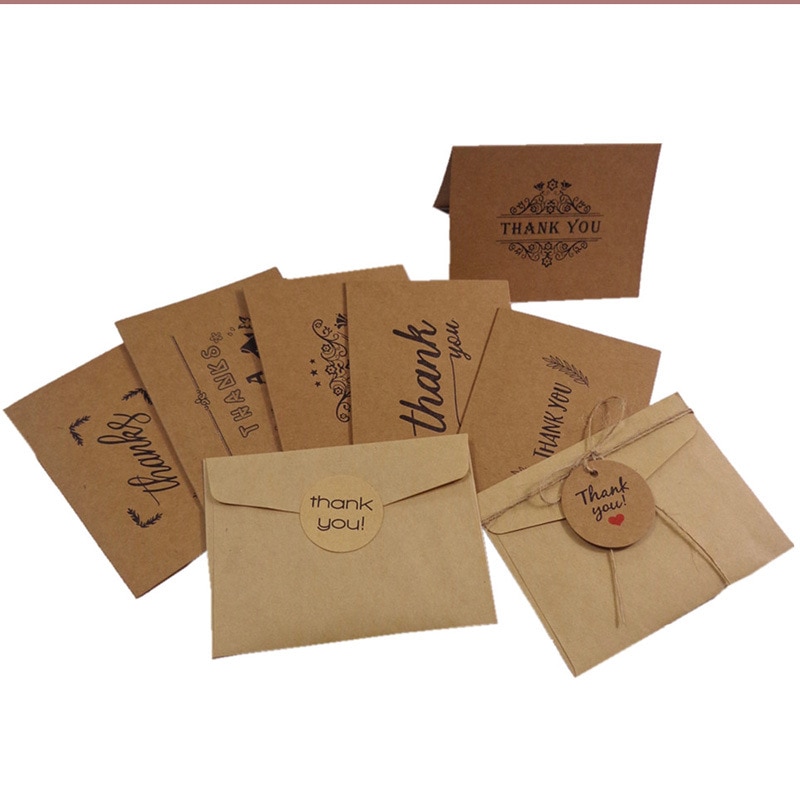 6 Stuks Dank U Retro Wenskaart Kraftpapier Enveloppen Seal Sticker Wedding Party Bruine Envelop Sticker Set Ambachtelijke Papier tassen