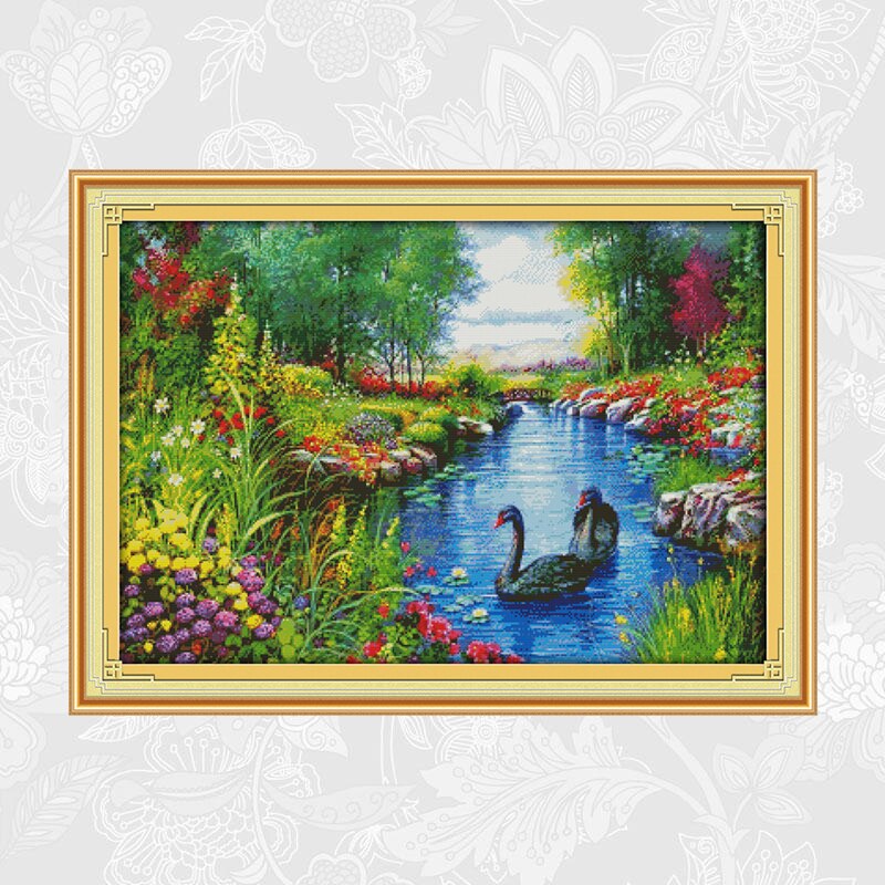 Kits de points de croix DMC | Toile imprimée comptée à motifs de paysage tranquille, bricolage broderie au point de croix