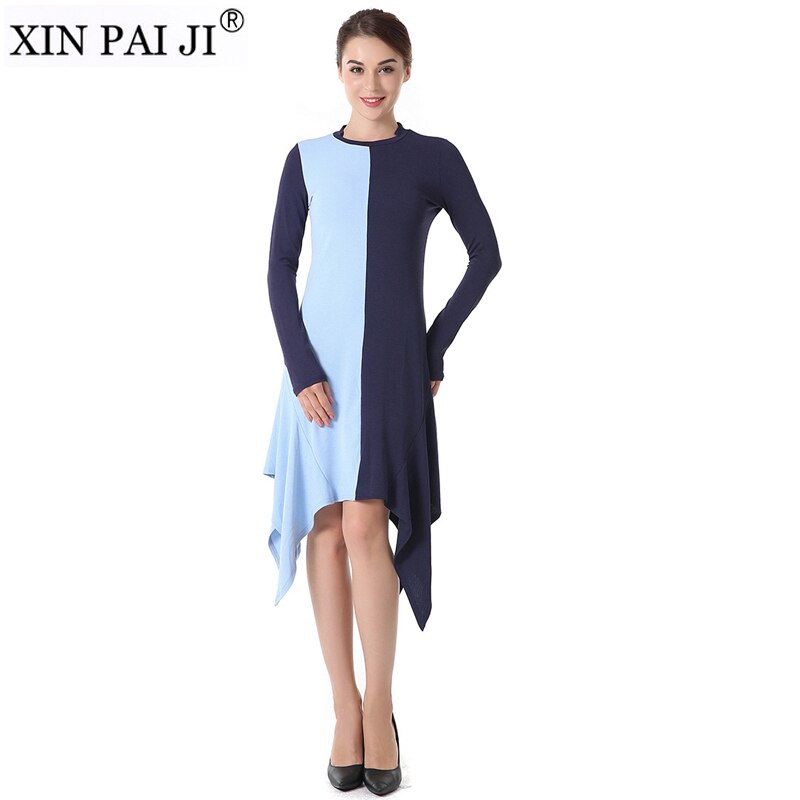 Spring Dress Round Neck Patchwork Color Women Casual Long Sleeve Irregular Slim Knitted Dress