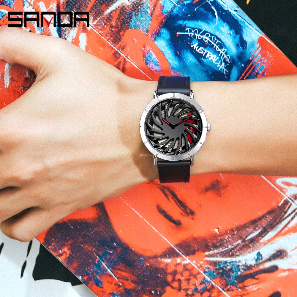 Sanda Cool Roterende Mannelijke Horloge Jeugd Lederen Band Auto Wiel Ddial Horloges Mannen Mode Creatieve Hollow Quartz Klok Groothandelaren