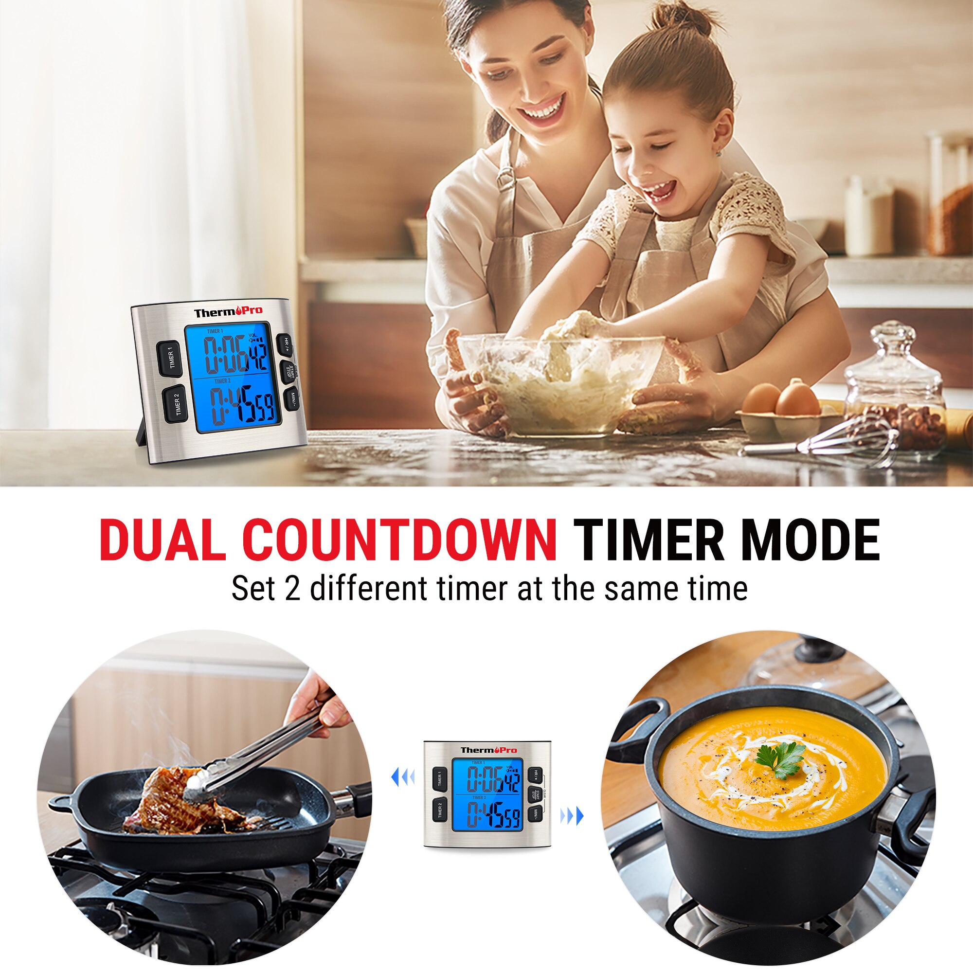 ThermoPro TM02 Kitchen Cooking Timer Dual Digital Display Countdown Big Screen Backlight with 24H Clock Function