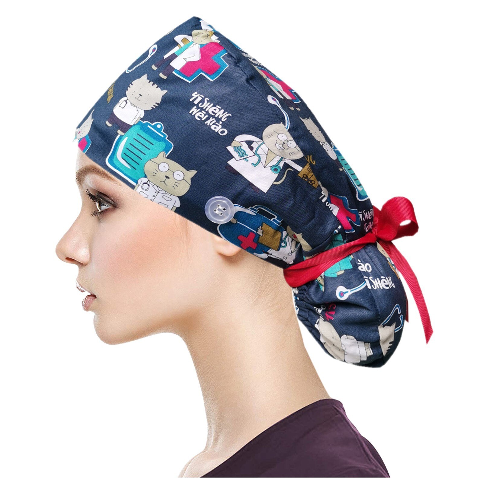 25# 3PC Unisex Adjustable Working Nursing Cap gorro quirófano Button Long Hair Sweatband Hat nurse Cap Cartoon print Gourd hat