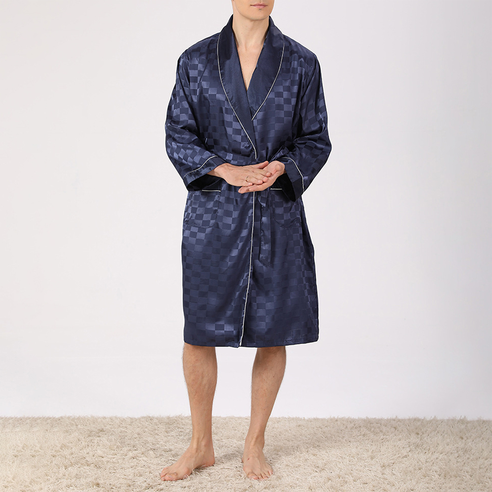 Peignoir Jacquard à Carreaux pour Homme, Ensemble Kimono à Manches sulfavec Ceinture et Short, Tenue de Pyjama Doux, Été: XL / Bleu