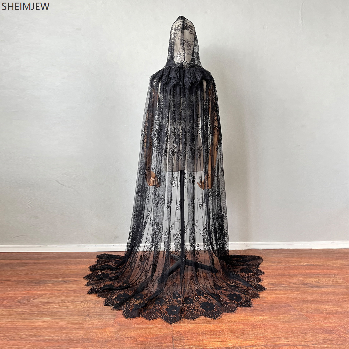 Scialle con cintura per festa di nozze vintage Coda lunga Fata medievale Mantello verde nero Abito da stregoneria gotica Mantello da strega di Halloween Cappuccio