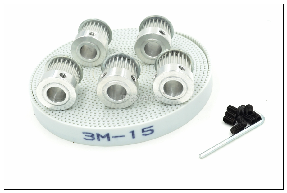 POWGE 5pcs 24 Tanden 3M Tandriemschijf Boring 5/6/6.35/8/10/ 12/14mm + 5meter W = 15mm HTD 3M PU Distributieriem 24 T 24 tanden 3M Katrol