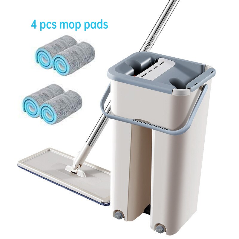 Vloer Mop Met Emmer Schoonmaken Mops Platte Squeeze Mop Emmer Systeem Schoonmaakproducten 360 ° Flexibele Mop Hoofd Met Herbruikbare pads: 4 pcs Mop pads