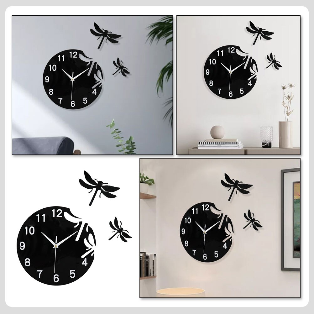 1 Set Acrylic Dragonfly Clock 3D Clock Ornament Art Wall Hanging Clock Living Room Decor
