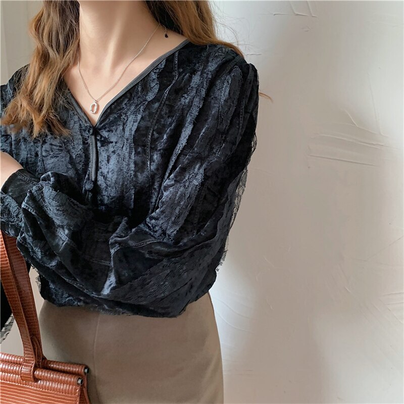 Aelegantmis kobiety czarny biały V szyja koronkowa aksamitna bluzka kobiety elegancki francuski styl kobieta w stylu klasyczny z długim rękawem aksamitne bluzki retro