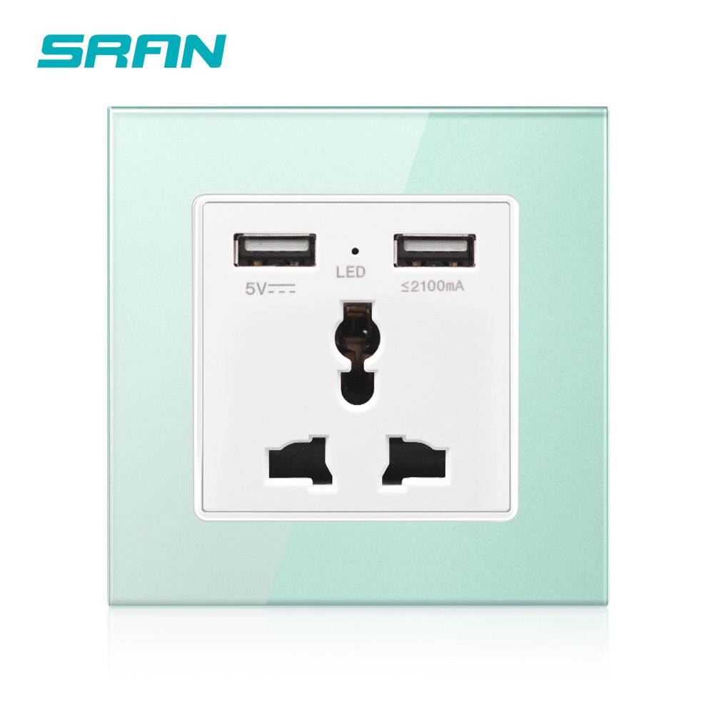 SRAN 3 pin universal power socket with USB,dual usb output 5V 2.1A Crystal glass panel 86mm*86mm white/black wall socket