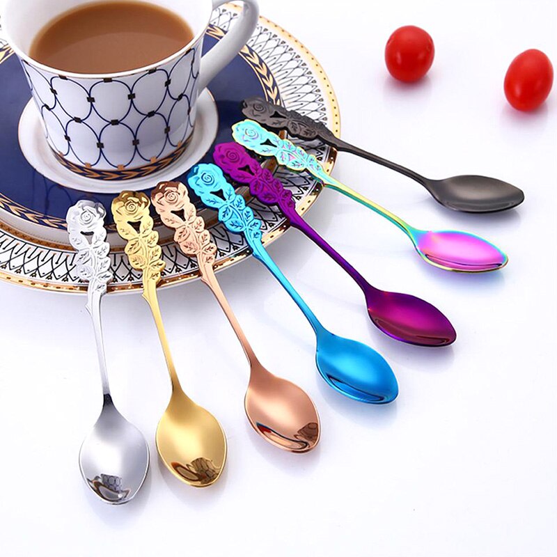 Kitchen Gadgets Ice Cream Tea Spoons Stainless Steel Cute Stirring Spoon Coffee Spoon Rose Colorful Dining Bar Tools Accessories