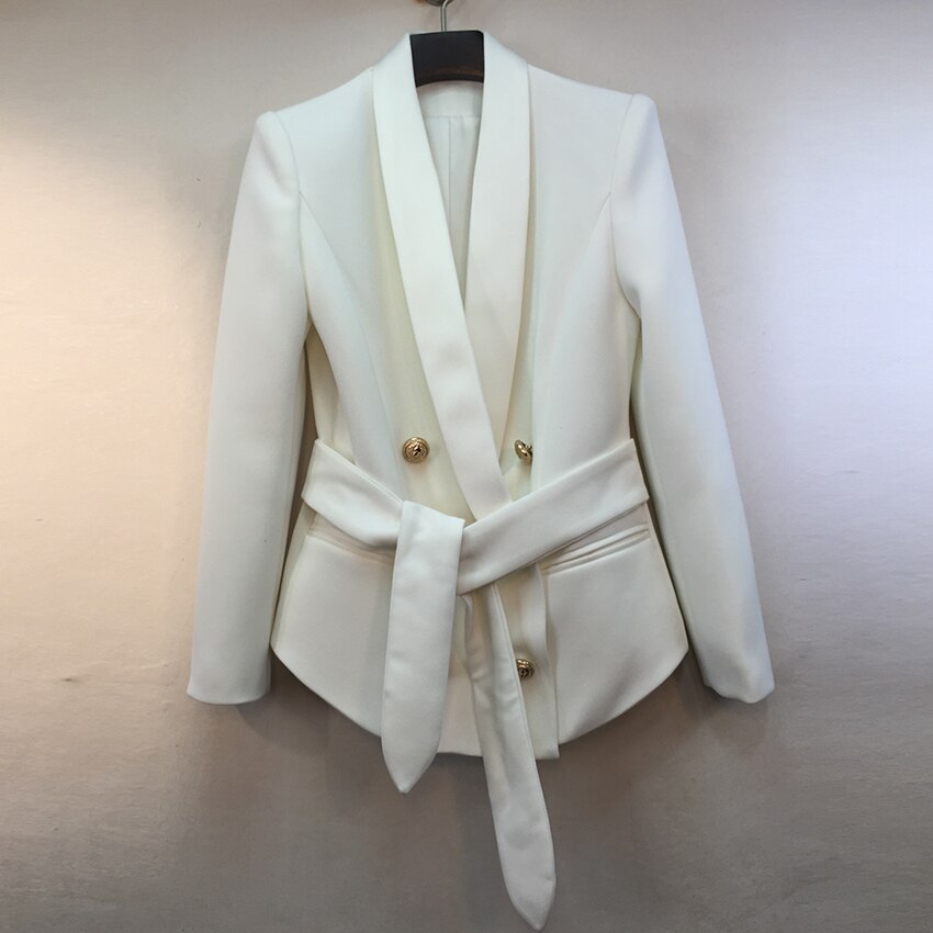 hoch Straße Neueste Blazer frauen Schal Kragen Zweireiher Metall Tasten Gürtel Blazer Jacke