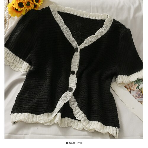 Gold Buttons Knitted Vest Women Summer Casual Turn-Down Collar Short Sleeve Tops