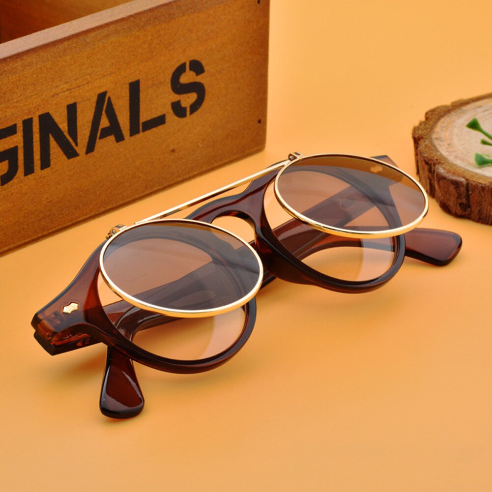 Nyeste steampunk goth briller mænd kvinder retro flip up runde solbriller vintage sort: 2