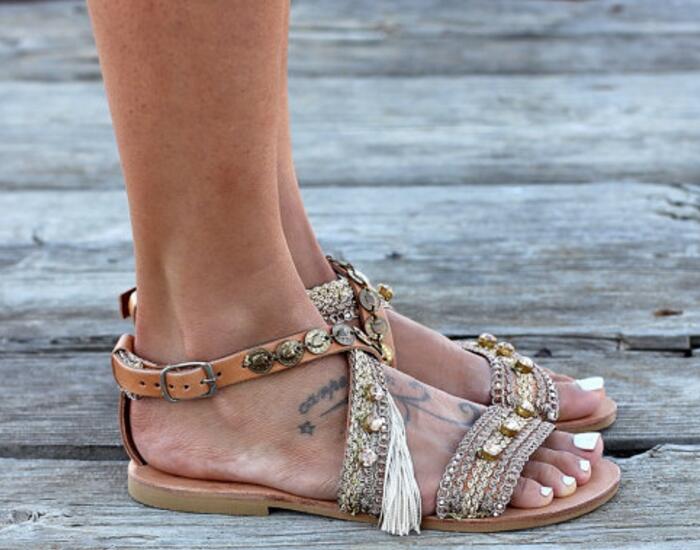 LZJ vintage woman sandals girls summer shoes flats rome tassel srystal sandalias mujer beach lady casual chaussures femme ete