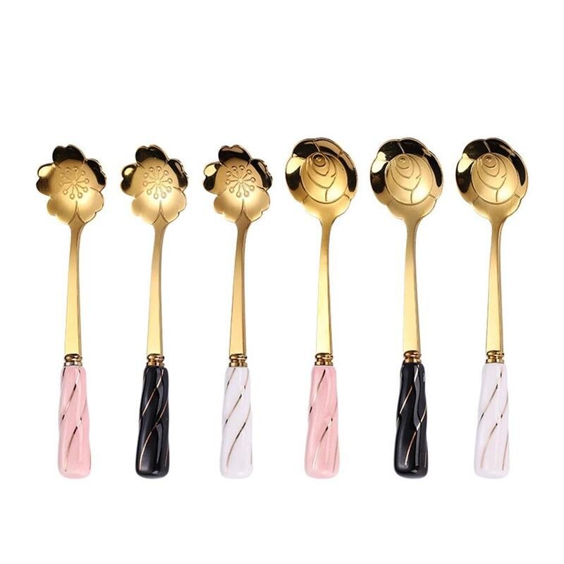 1 pièces cuillères turques en métal Rose cuillère cuillère à café en céramique en acier inoxydable couverts cuisine turc cuillère à boire cuillères Ha X9F9