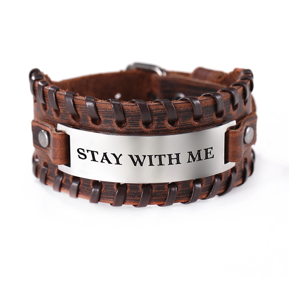 Skyrim-pulsera de cuero con palabras para hombre, brazalete de acero inoxidable, accesorios de joyería, de vida, estilo Punk: 4 brown