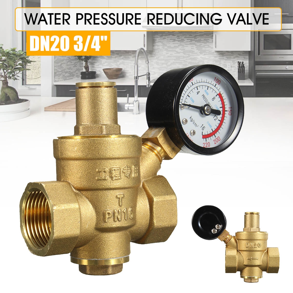 PN 1.6 Adjustable Water Pressure Regulator Reducer Brass DN20 NPT 3/4" With Gauge Meter for Hydraulic Instability/Water Purifier