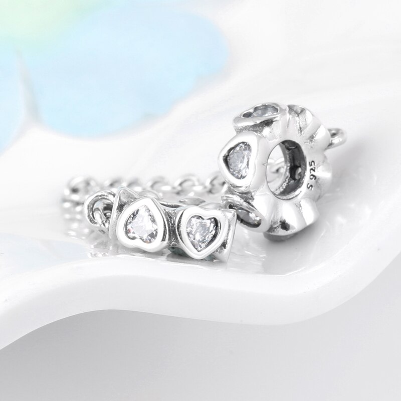 925 sterling sølv diy hjerte klar cz fine sikkerhedskæde perler passer originale europæiske charms armbånd smykker gør
