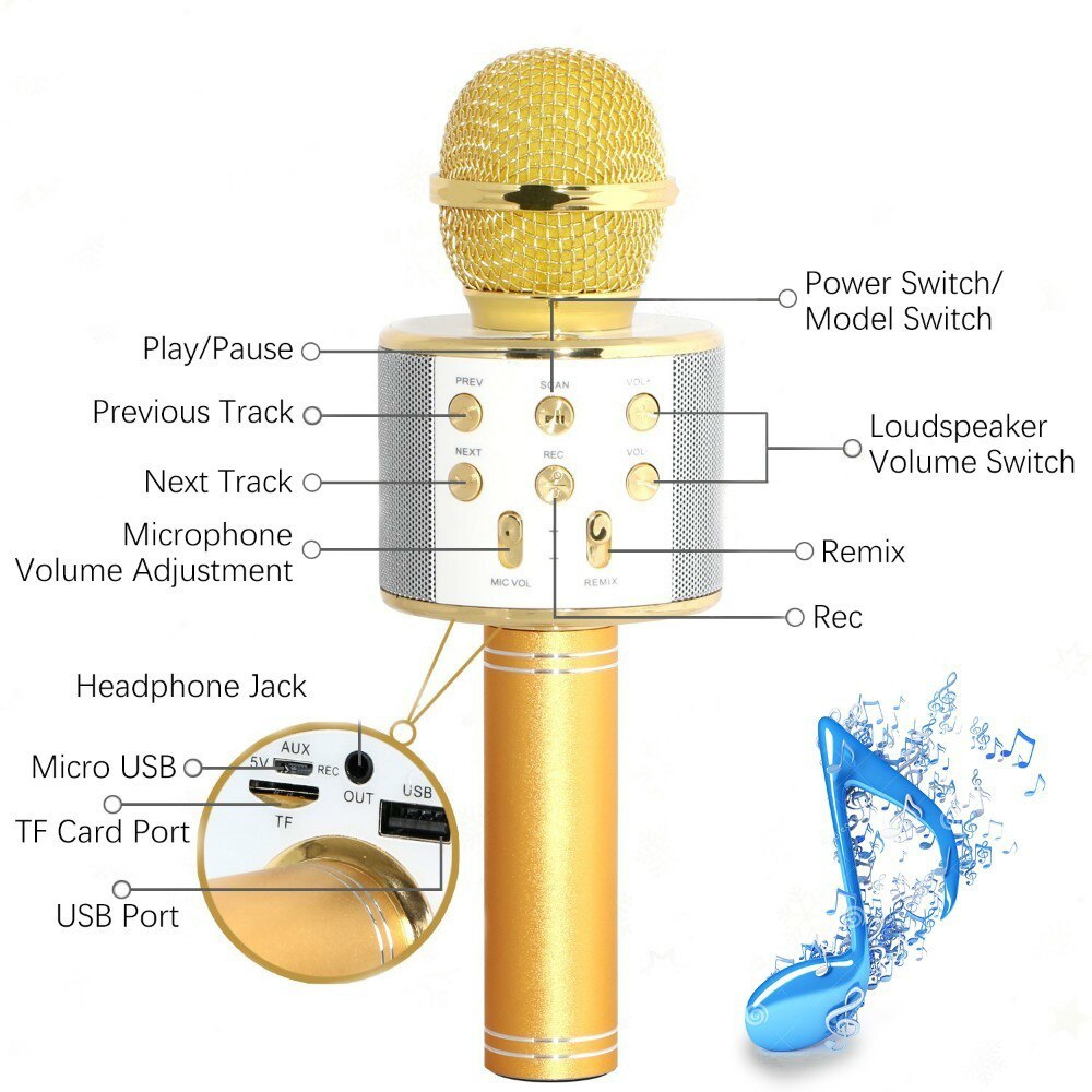Bluetooth Portable Wireless Condenser Handheld Microphone Built-in Speaker Karaoke mic Compatible With PC/iPad/iPhone/Smartphone