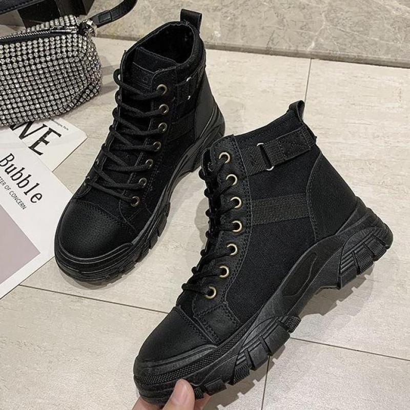 Platåkängor dam ankelboots kvinna snörning damskor feminina botas mujer boots för kvinnor korsbunden canvas