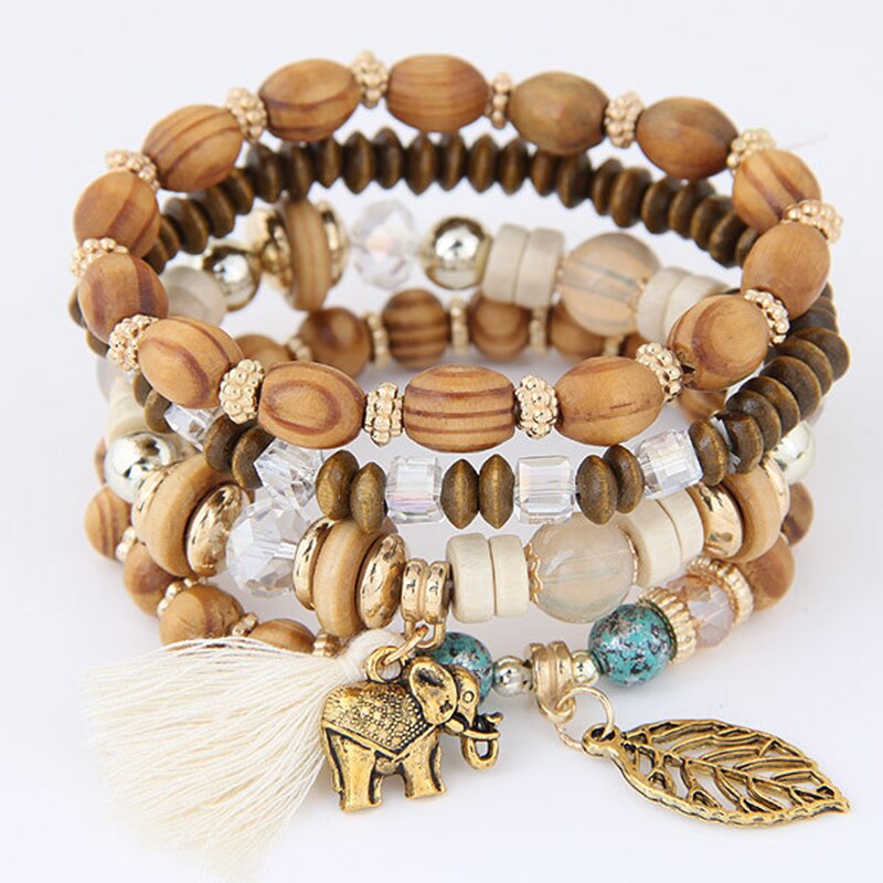 Europese en amerikaanse retro sieraden etnische log kralen kwast baby olifant blad stretch armband set vrouwelijke armband voor vrouwen