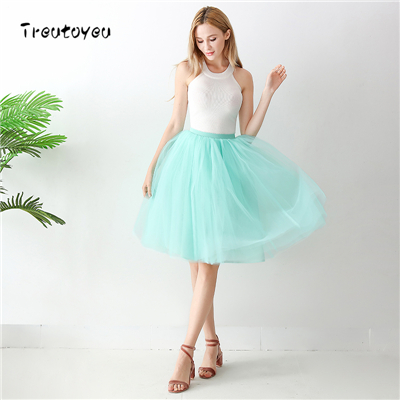 5 lag 65cm sort plisseret nederdel sexet midi tyl nederdel høj talje fuld foring voksen tutu koreansk stil kvinder jupe femme faldas: Mynte