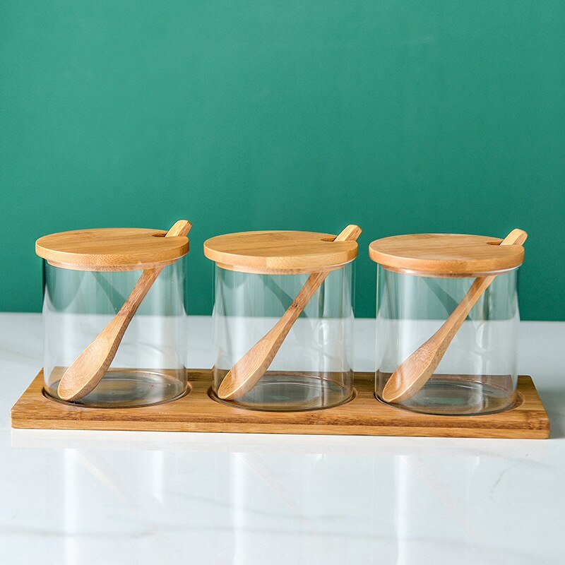 3 stk sett glass oppbevaringskrukke salt godteri kaker te kaffebønner arrangør flaske trelokk beholder krydder frokostblanding: C