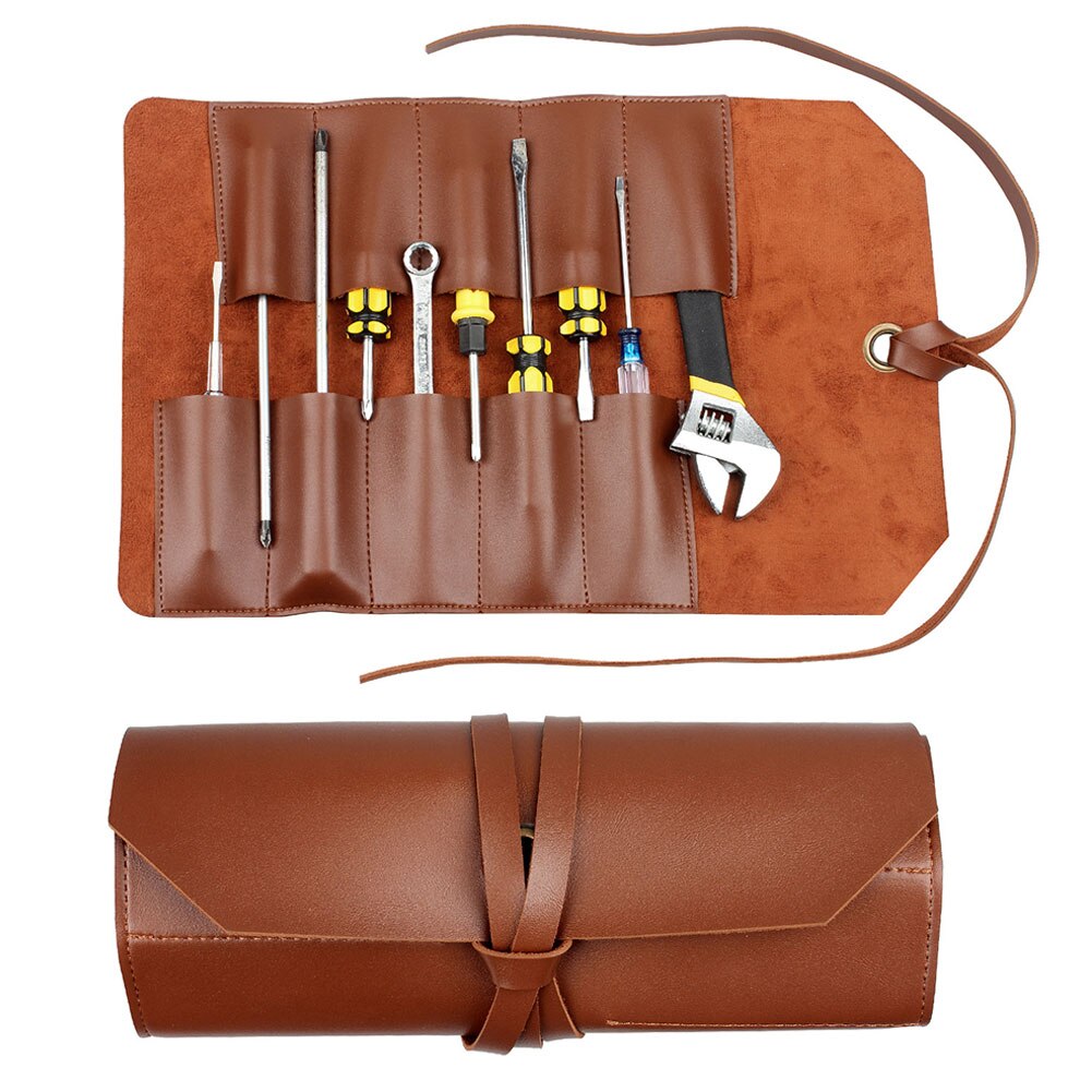 Tool Roll Leather Bag Pouch 10 Pockets Multi Purpose Organizer Wrap For Woodworking Plier Spanner Wrench Leather Tool Pouch: Light Brown