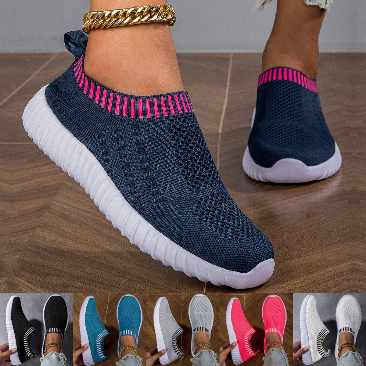 Ademende gebreide damessneakers, casual outdoorschoenen met veters, lichtgewicht mesh lage schoenen