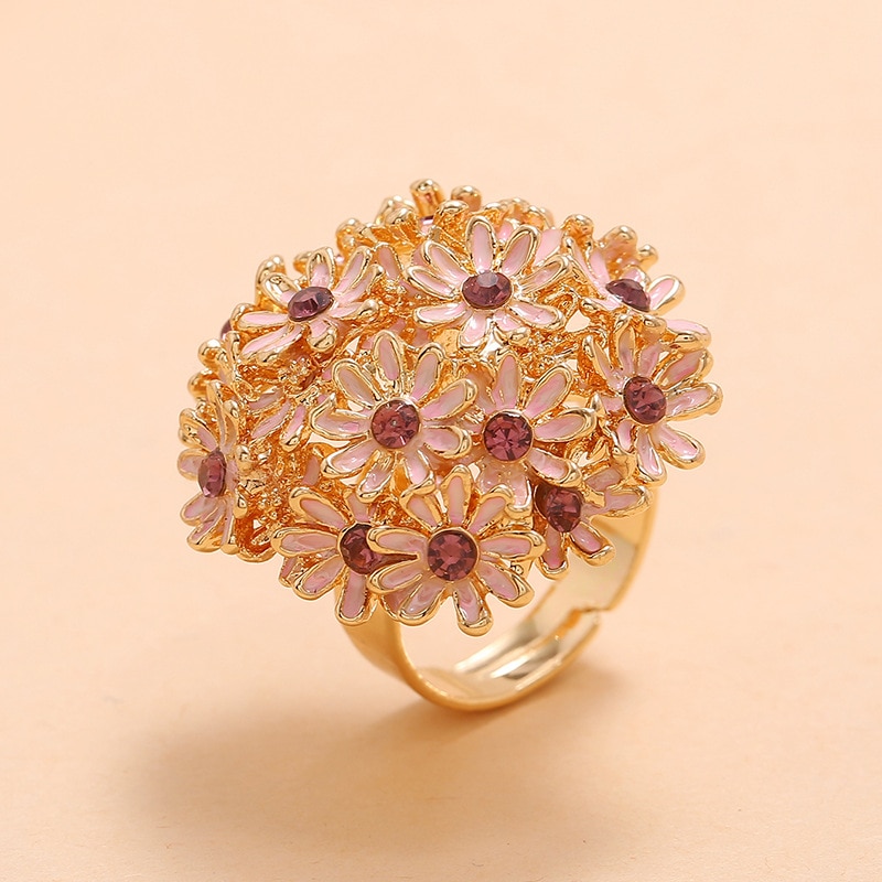 Romantische roze bloemenringen voor vrouwen, bohemian statement ring met strass steentjes, verstelbare damesringen, bruiloften, strandfeesten, sieraden