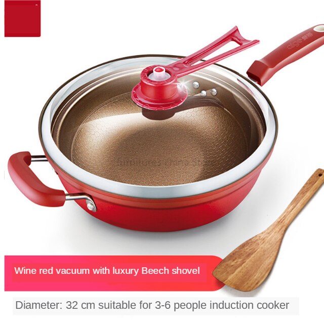 Vacuüm Wok Non Stick Pan Met Cover Geen Olie Rook Pot Ijzeren Pot Huishouden Keuken Inductie Fornuis Universele Pan: 7