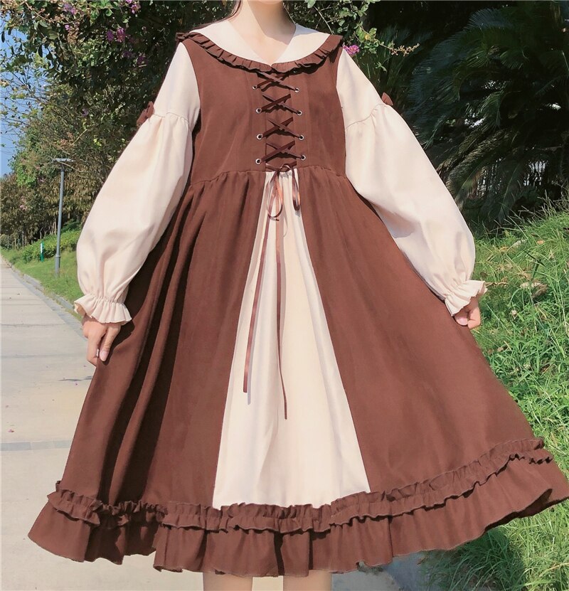 Ropa de retales estilo gótico japonés Lolita para mujer, para adolescentes y adolescentes, vestido dulce Retro clásico: Brown