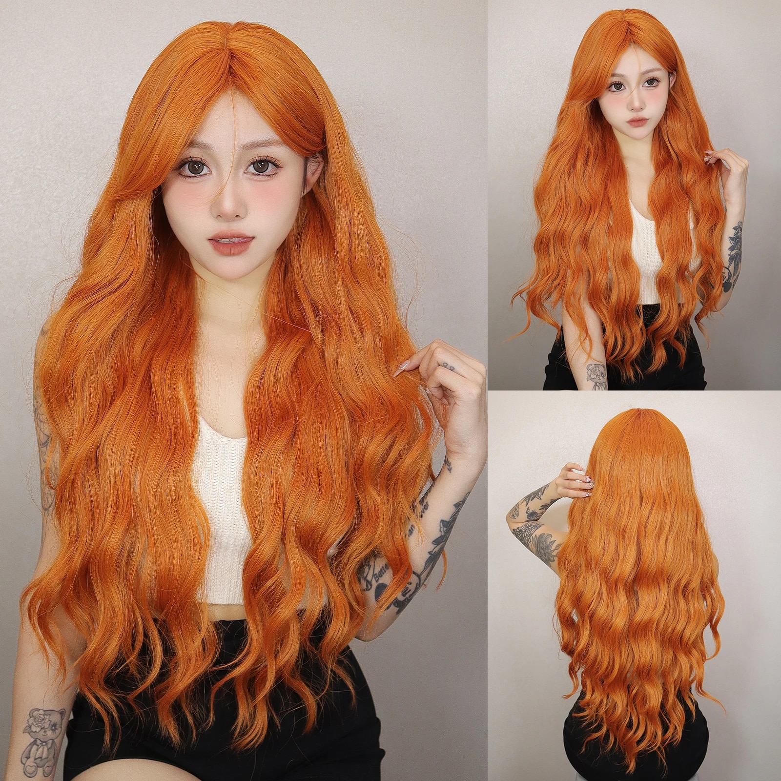 Perruque Synthétique Longue Ondulée Orange pour Femme, Cheveux Naturels Ondulés avec Longue Frange, Perruques de ixCosplay, Degré de Chaleur: #1