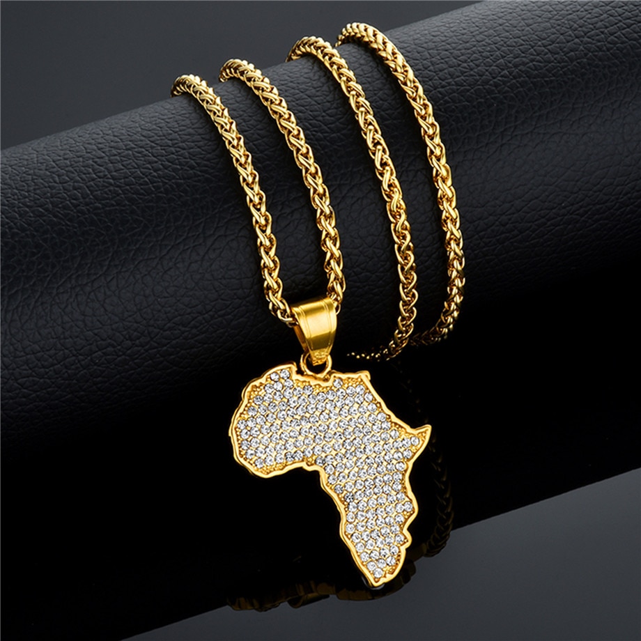 Collar con colgante de mapa de África para mujer y hombre, joyería etíope de acero inoxidable de Color dorado, artículo de hip hop de mapas africanos al por mayor N1279