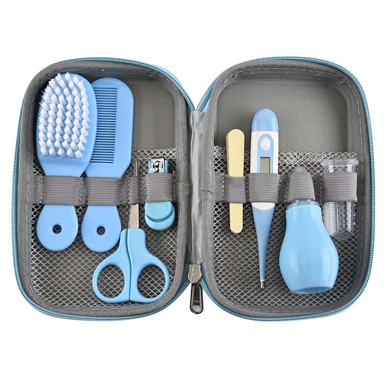 8pcs/Set Infant Care Set Portable Newborn Baby Health Kits Hardware Manicure Hair Thermometer Infant Nail Clippers Care Tool: blue