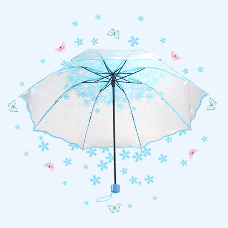 1 stk gennemsigtig paraply flerfarvet klar kirsebærblomst sakura 3 fold paraplyer, foldbart hjemmeregntøj med langt håndtag: Blå