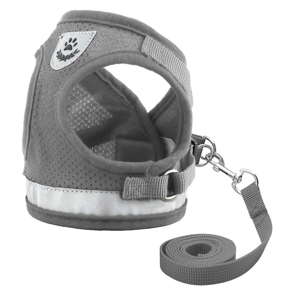 Reflekterende hundesele og båndsett nylon mesh valper hunder Vest sele ledninger kjæledyr klær til små hunder: Grå / L