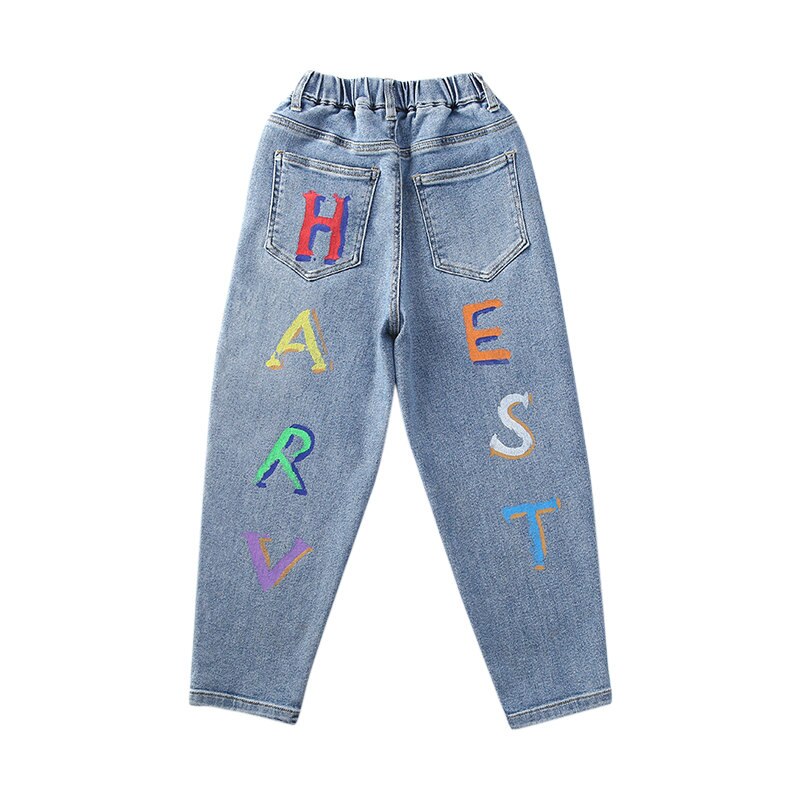 Pantalones vaqueros con estampado de letras para niña joven, pantalón de tubo informal a la , color azul, para escuela, 6, 8, 10, 12 y 14 años, para primavera y otoño