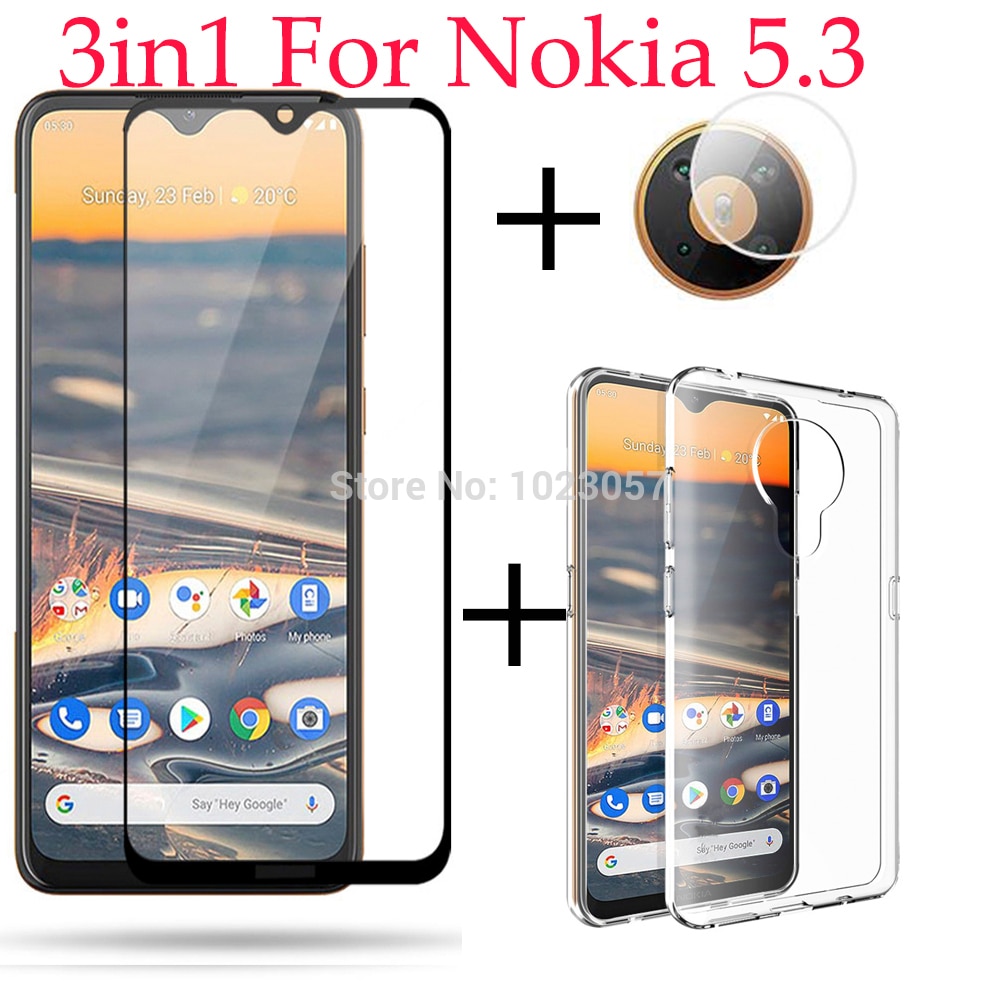 Funda completa templada 3 en 1, cristal Protector de pantalla de lente de cámara para Nokia 5,3 TA-1234 TA-1223 TA-1227 TA-1229: 3 in 1 clear case