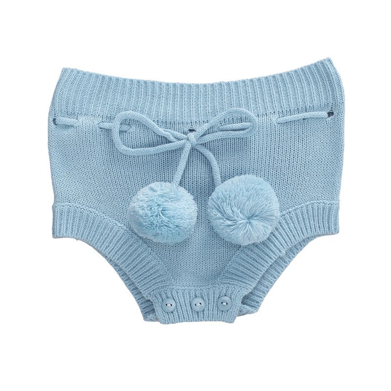 Short en tricot pour bébé, de 0 à 18M, avec bretelles de dessin, de couleur unie, élastique avec boules, bas de fermeture à boutons, pour garçons et filles: Bleu / 3M