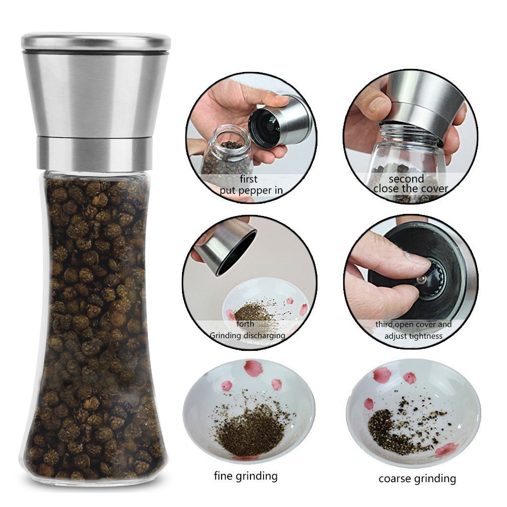 Premium Roestvrij Staal Zout en Peper Molen Shakers Glas Body Spice Zout En Pepermolen met Verstelbare Keramische Rotor