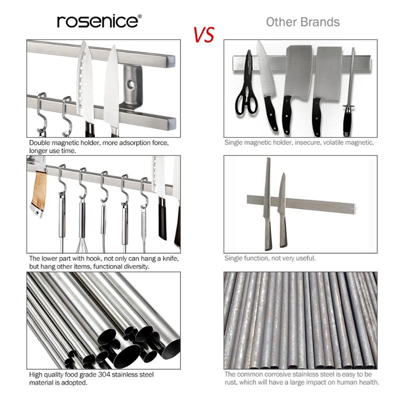 Väggmonterad 304 magnetisk knivhållare i rostfritt stål dubbelstång enkel förvaring knivhållare för köksredskapskrok