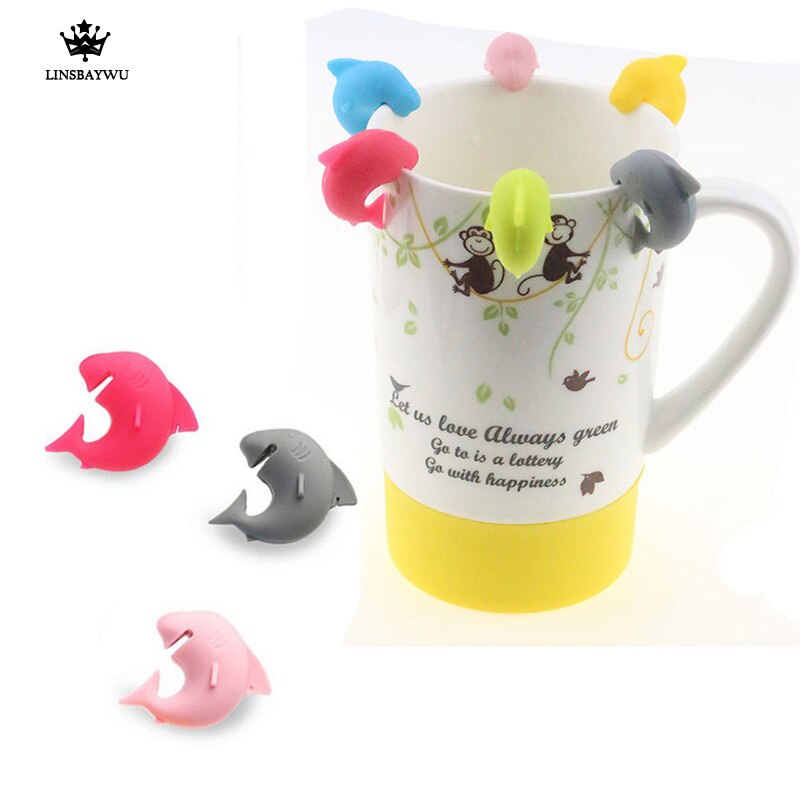 Populär 6 st silikon söt mini haj form tepåshållare kopp mugg identifiera markörer tekopp clips
