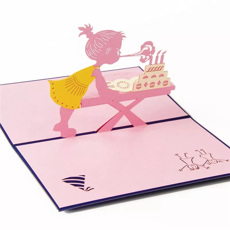 Children&#39;s Handmade Birthday Cards 3D Three-dimensional Friends Wishes Cards Cards Little Girls and Cats