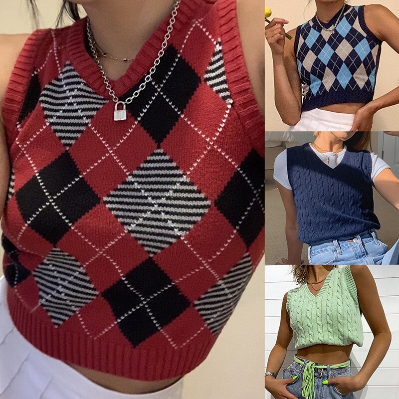 V Neck Vintage Argyle Pullover Weste Frauen Y2K Schwarze ?rmellose Plaid Strick Crop Pullover Casual Herbst Adrette