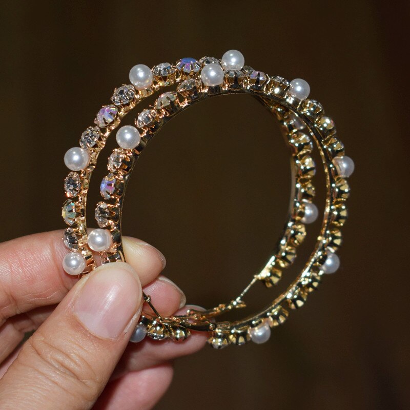 Glass Rhinestone With Pearls Hoop Earrings For Women Jewelry Maxi Lady Statement Earrings Accessories: gold-6cm