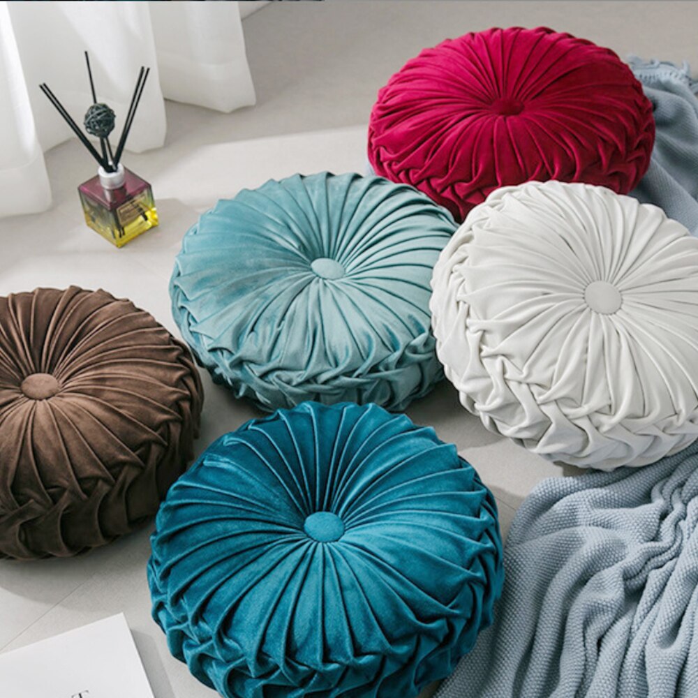 Velvet Pleated Futon Round Floor Cushion Pillow Pouf Throw Home Sofa Decor 33x11cm