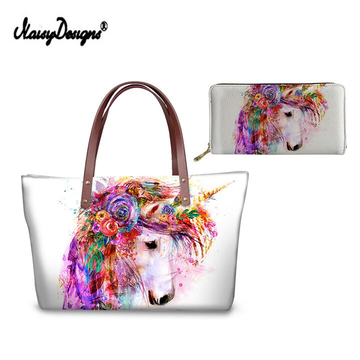 Pink Unicorn Horse Printed Women Shopping Bags Crossbody Bags Vintage Messenger Bag Leather Purse Shoulder Travel Top Tote Bags: LMF0041Z21AL